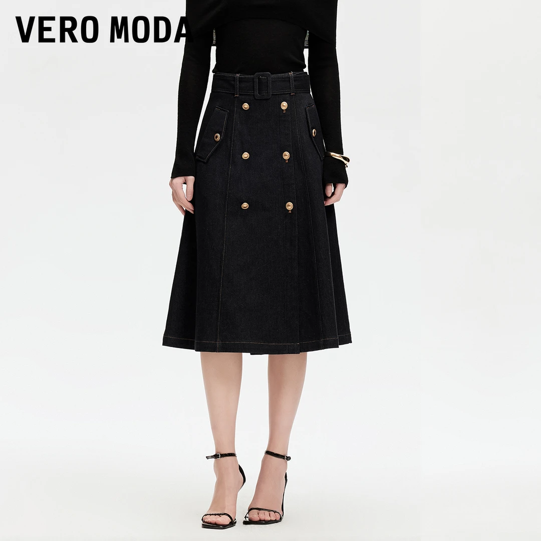 Vero Moda半身裙2025含棉明线复古宽腰带中长裙老钱风325337005