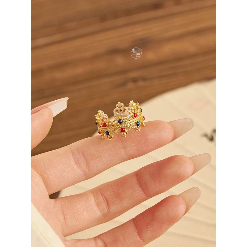 足银珐琅戒指 国风民族风格银9999戒指珐琅彩色切割冠无障碍豪华