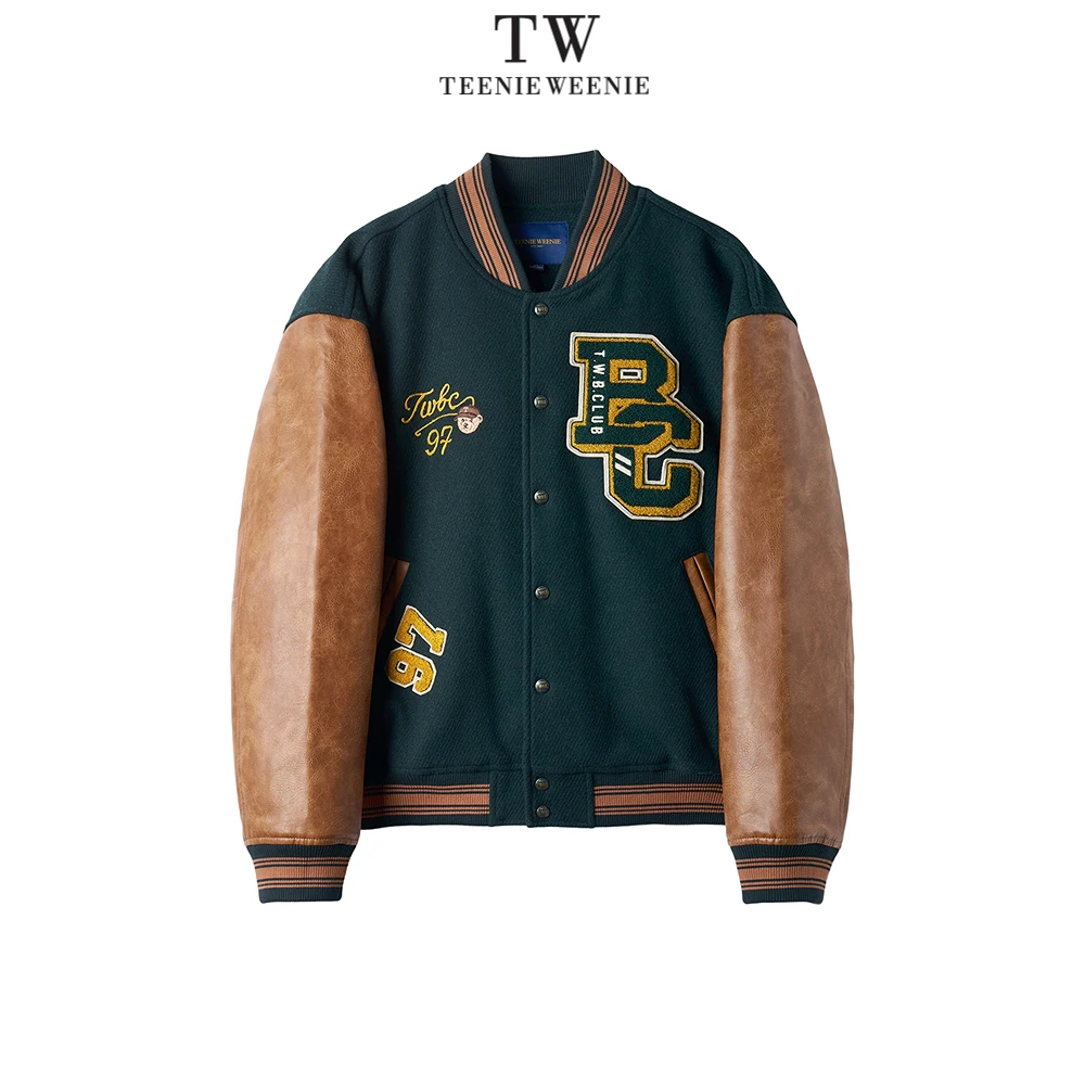 Teenie Weenie小熊男装PU拼接熊头休闲毛呢棒球服外套TNJW258901I