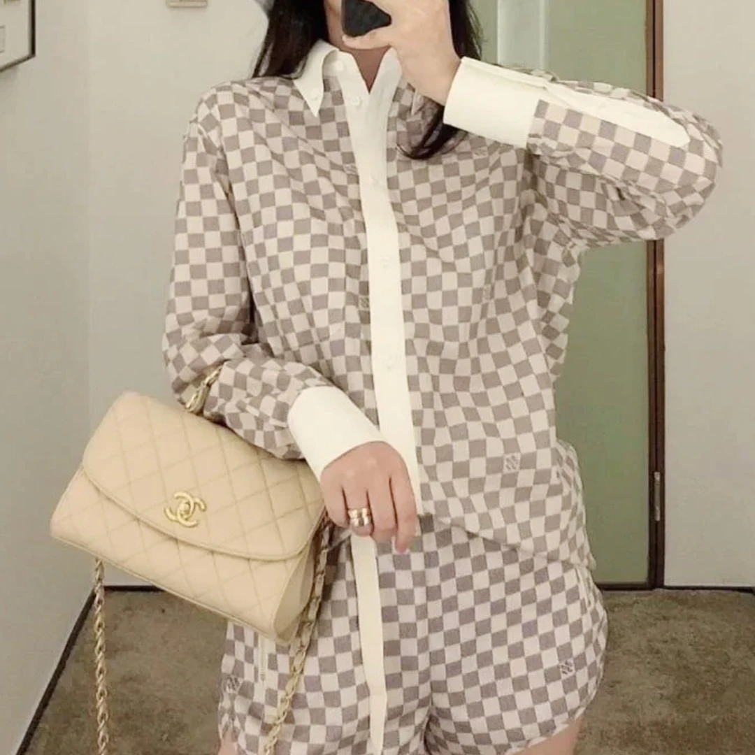 未使用 LouisVuitton/路易威登 棋盘格系扣翻领长袖衬衫