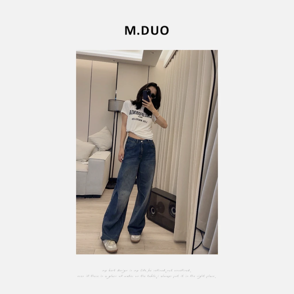 M.DUO 小众复古时尚显瘦百搭设计感水洗港风牛仔裤3026