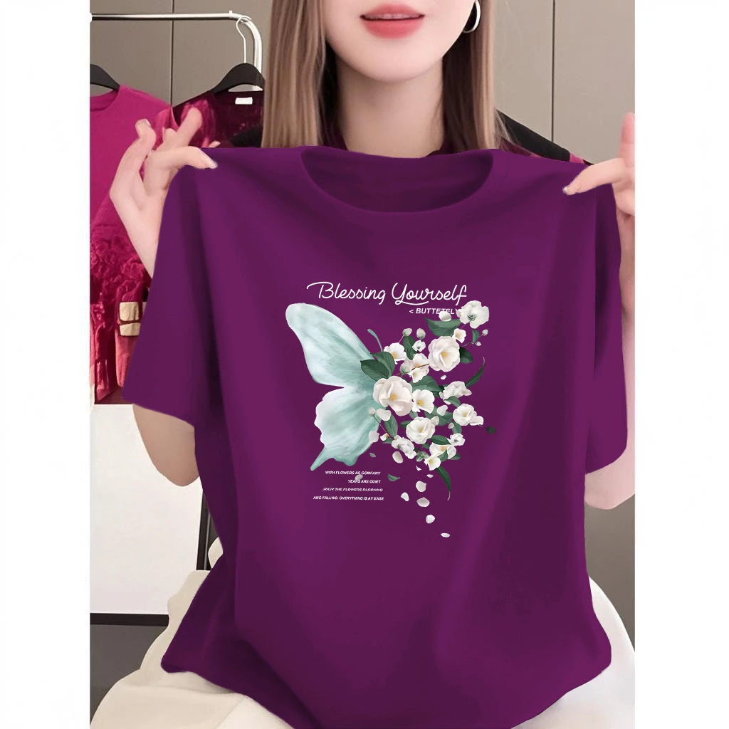 2025夏季短袖设计感宽松纯棉圆领遮肉洋气T恤女印花小众薄款上衣