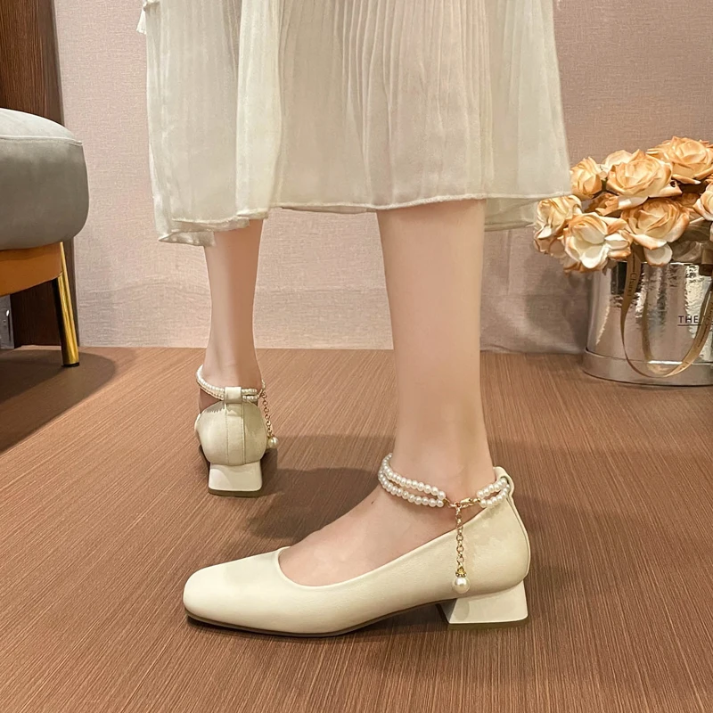 珍珠婚鞋女主婚纱粗跟春季法式温柔裙子伴娘旗袍单鞋中式玛丽珍鞋