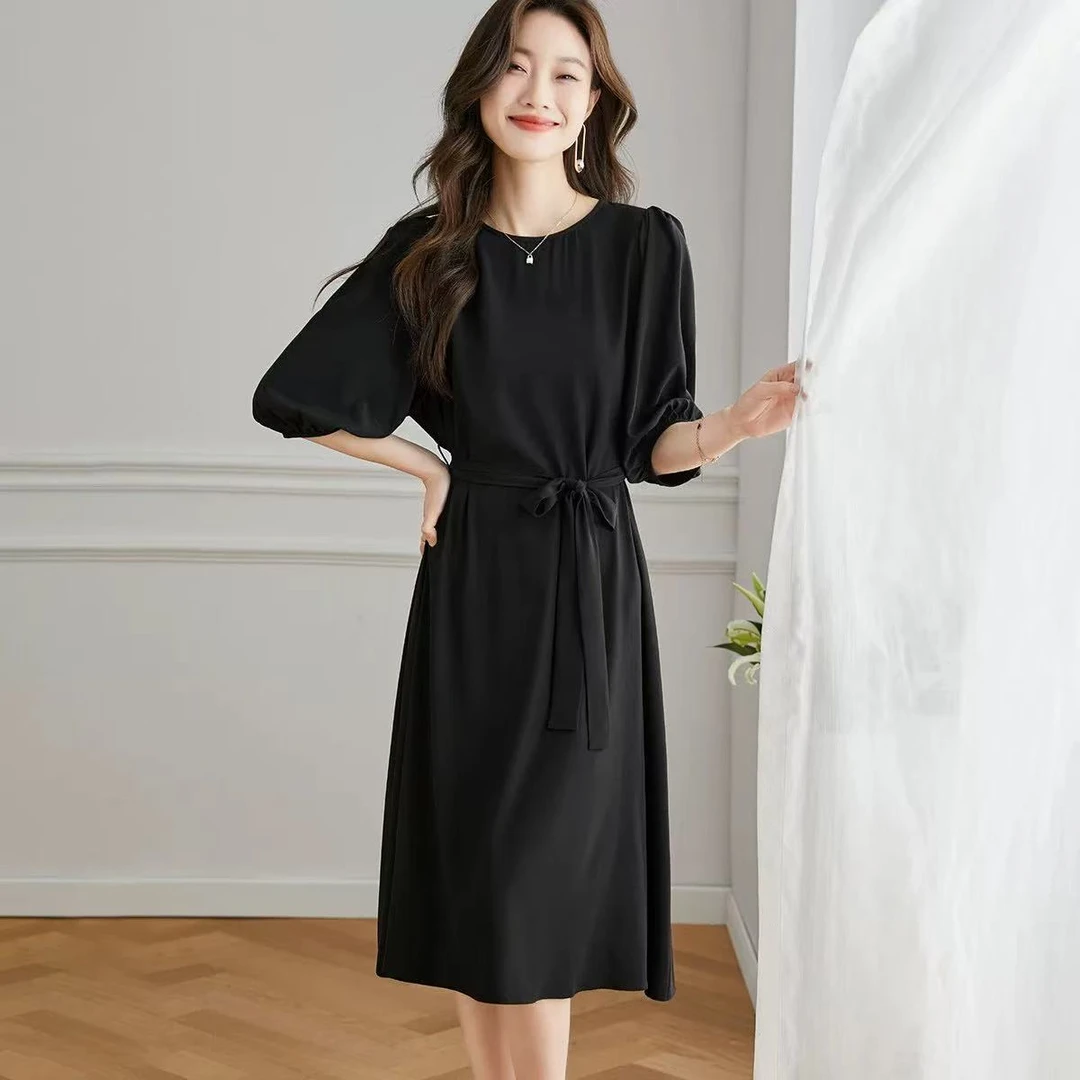 【PL062】圆领挂脖式夏季垂感A字连衣裙收腰不规则宽松百搭