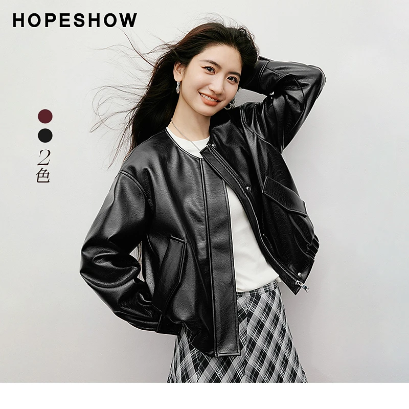 红袖2025秋季女装 工装风多口袋落肩长袖圆领PU皮外套90125270404