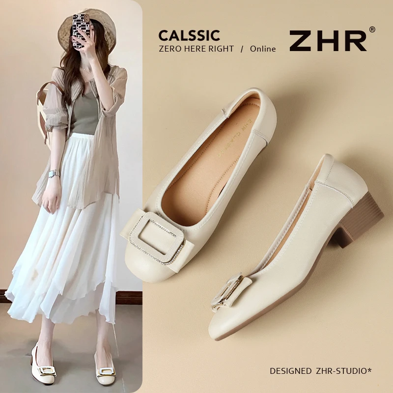 ZHR/则则法式浅口单鞋女真皮气质中跟圆头乐福鞋粗跟软底休闲女鞋
