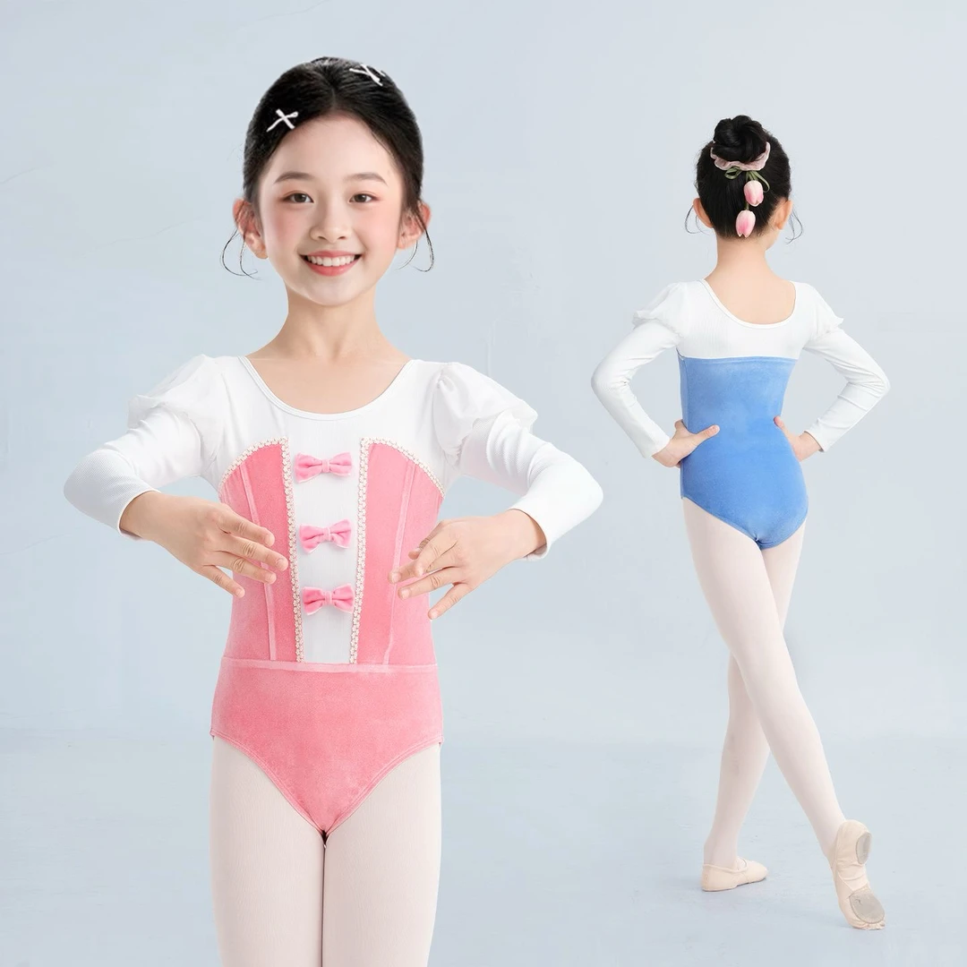 儿童舞蹈服秋冬长袖女童拼绒蝴蝶结中国舞服幼儿芭蕾舞体操练功服