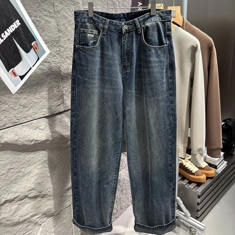 80件!东莞货!喷马骝工艺!重工水洗猫须男士宽松阔腿裤牛仔裤0036