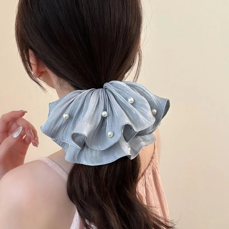 2025春季新款高级感流光丝滑锻面褶皱珍珠大肠发圈高端大号发饰女