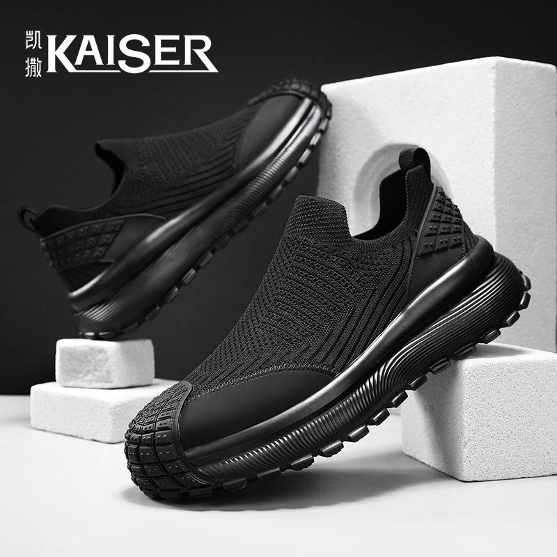 凯撒套脚男鞋夏季透气薄款百搭飞织网面鞋男士轮胎低帮耐磨运动鞋