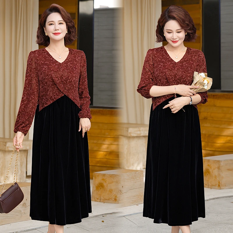 妈妈长袖连衣裙女秋装2025新款中老年洋气长裙过膝高级感春秋裙子