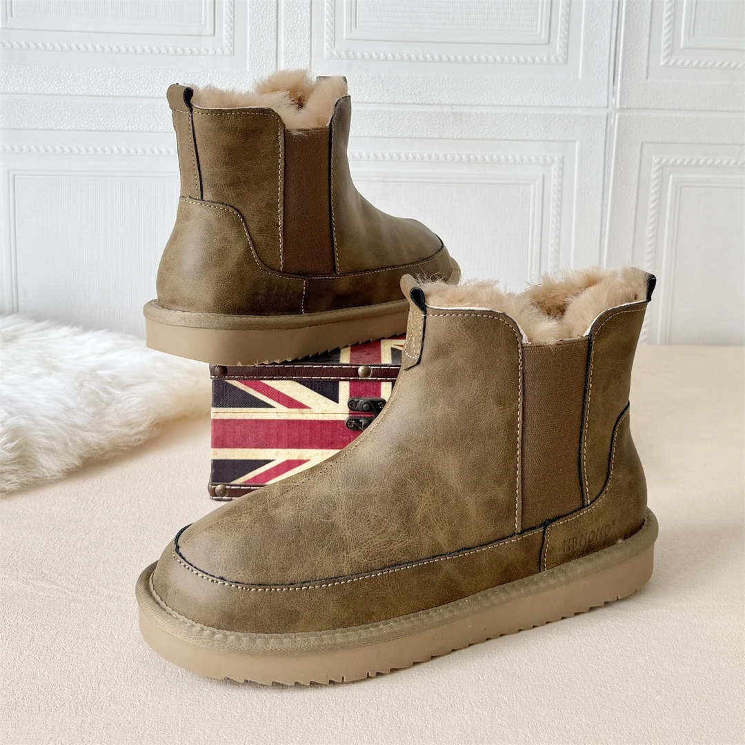 2318冬季新款真皮防水全羊毛雪地靴男加厚全羊毛男靴牛皮防滑短靴