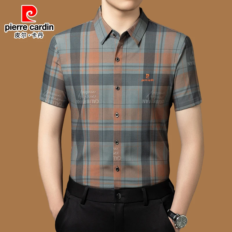 皮尔卡丹正品男士短袖衬衫夏季男士高档抗皱时尚轻奢刺绣格子衬衣