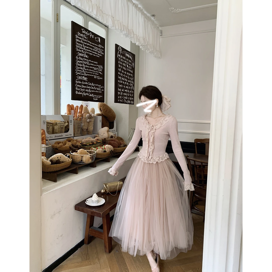 2025秋季新款芭蕾风针织上衣+半身纱裙蓬蓬裙套装女长款蕾丝仙气