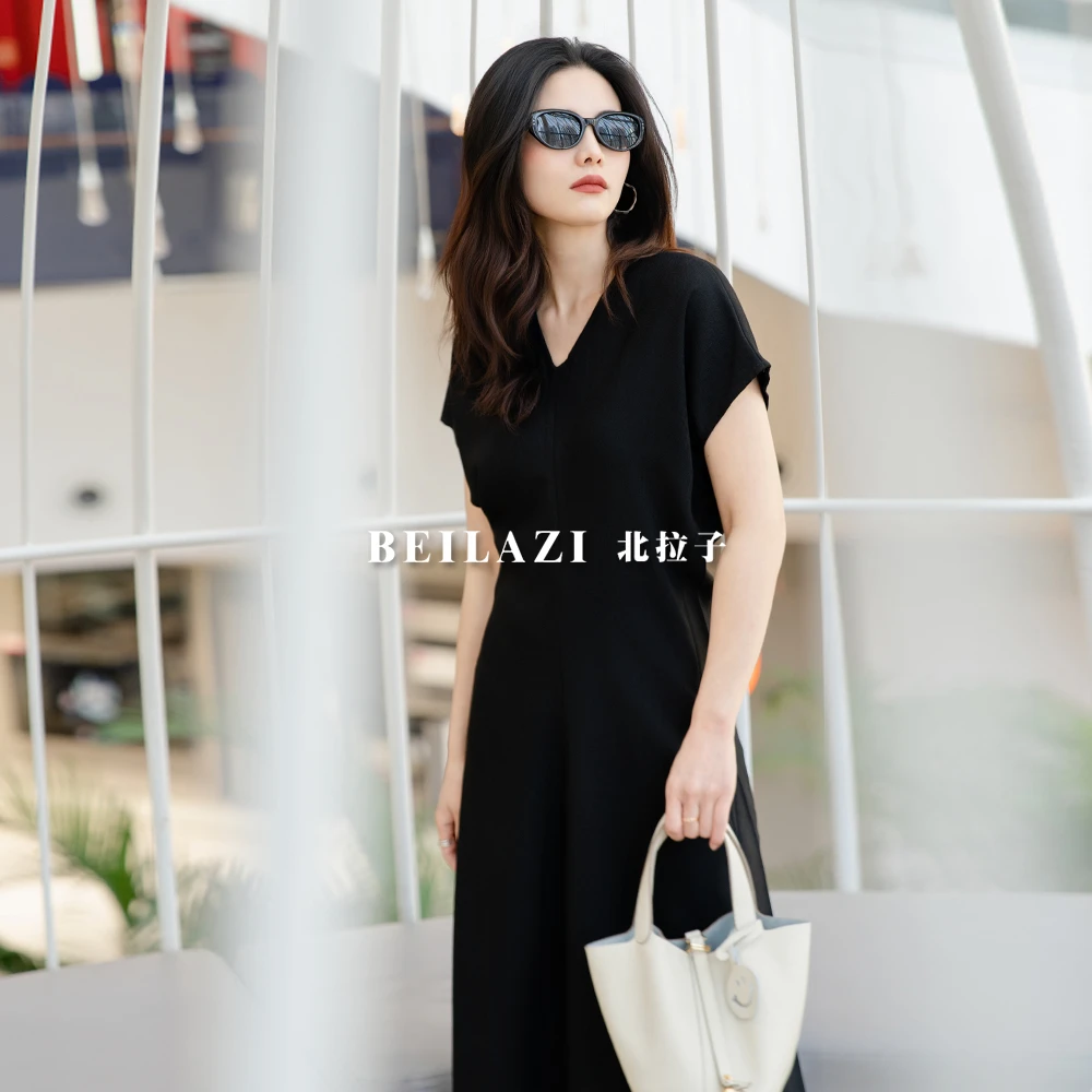 北拉子丨幻花倒影丨显瘦修身舒适优雅黑色连衣裙BDA2IL118