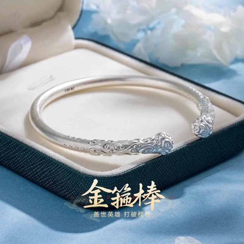 足银手镯 足银999金箍棒开口纯银手镯七夕情侣款情人节礼物送女友