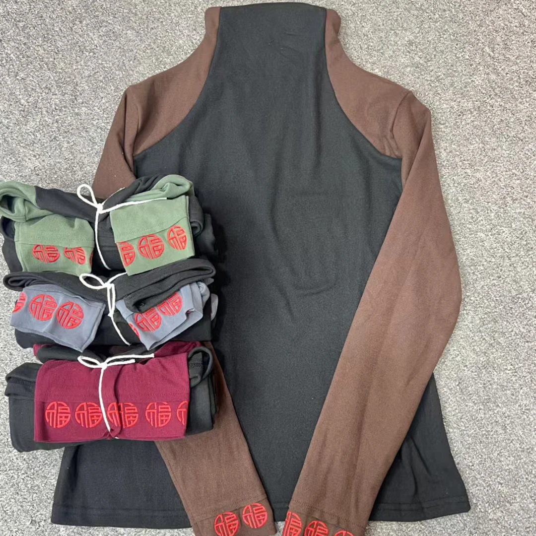 25-94双面德绒五福临门刺绣拼色打底衫