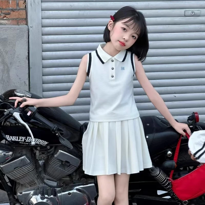 女童韩系半身裙套装2025夏新款中大童学院风POLO背心百褶裙两件套