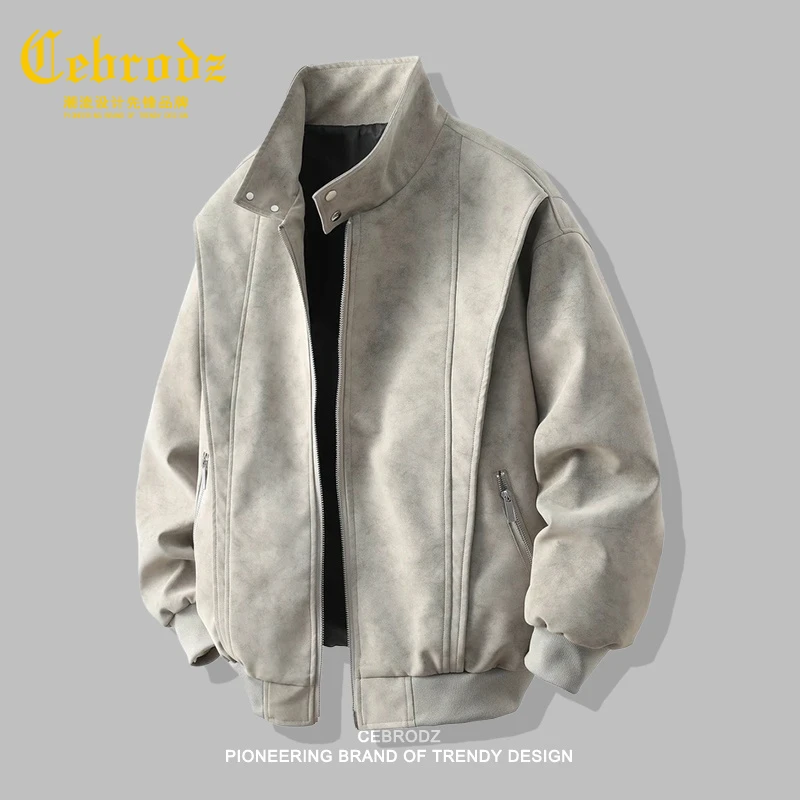 法国Cebrodz夹克男女款春秋季美式复古棒球领休闲宽松水洗皮衣男