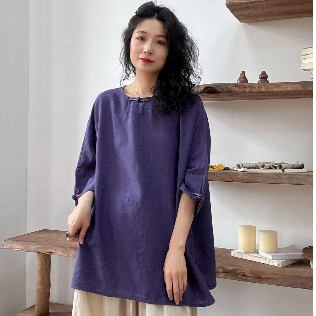新款宽松百搭大码不规则中长衬衣七分袖极简风纯色出现复古袍子