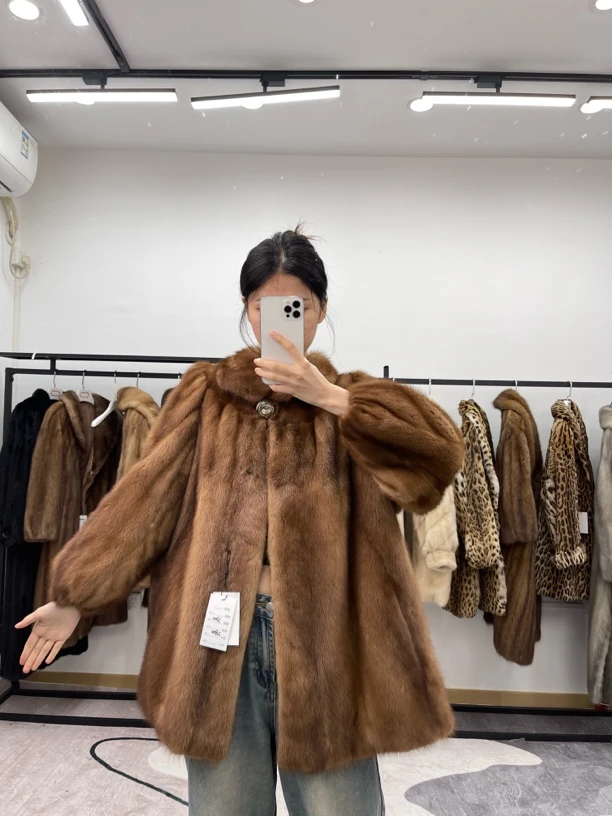 MM118(3XL)蜜棕色中古进口水貂毛外套，肩宽40胸围118衣长75袖长60