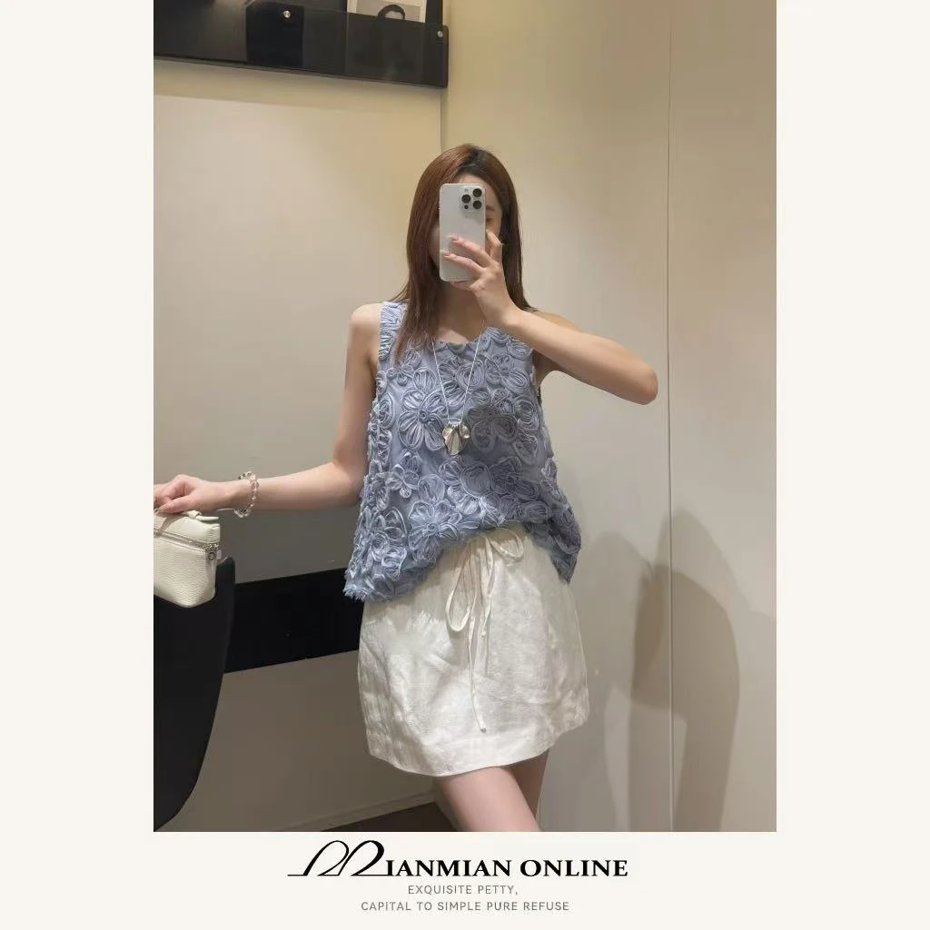 MIANMIANONLINE“花絮”圆领立体玫瑰设计感无袖时尚洋气1183