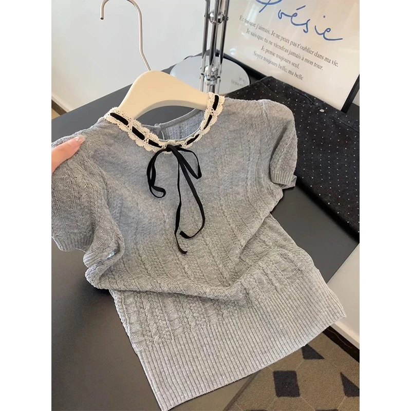 韩系甜美蕾丝花边蝴蝶结针织短袖女夏季减龄小众系带圆领T恤上衣