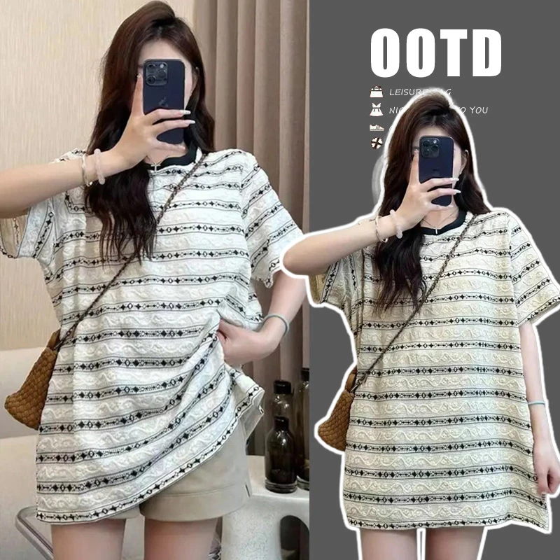 孕妇装夏季韩版条纹T恤宽松中长款镂空圆领肌理中长款时尚上衣T衫