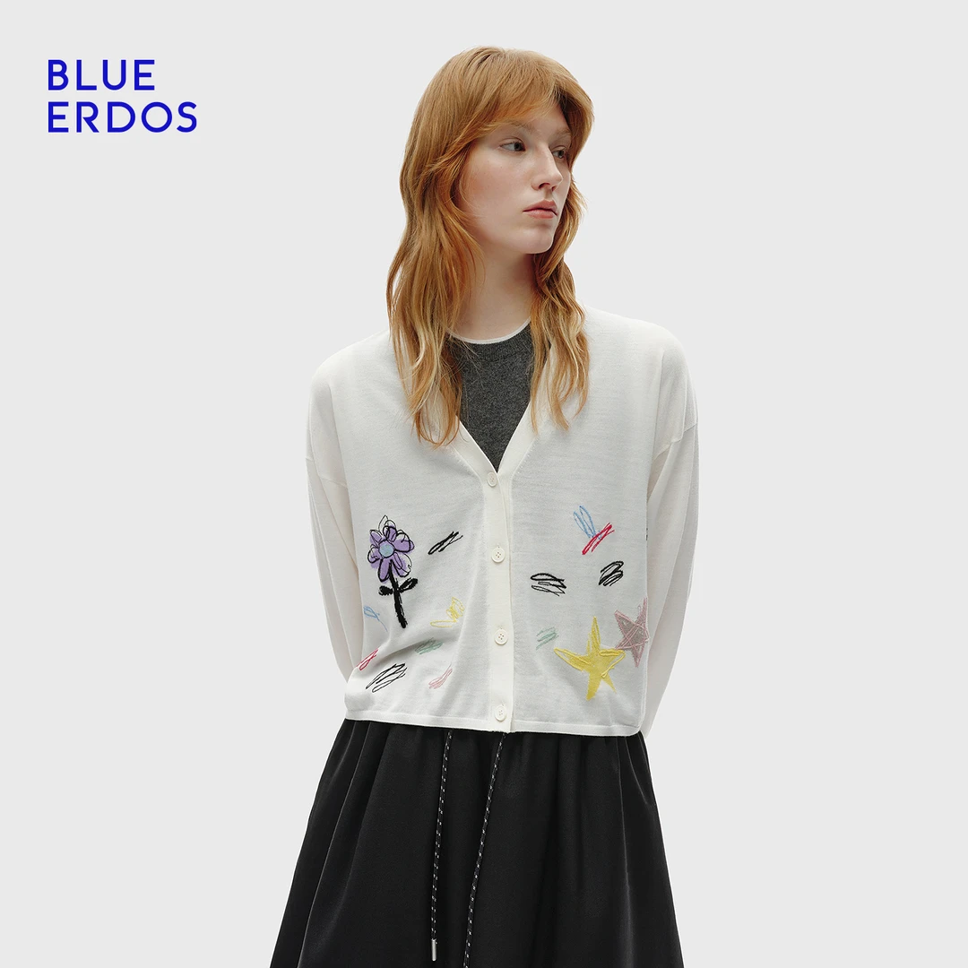 BLUE ERDOS 25早秋新品简约百搭精纺V领刺绣提花短开衫B256D1017