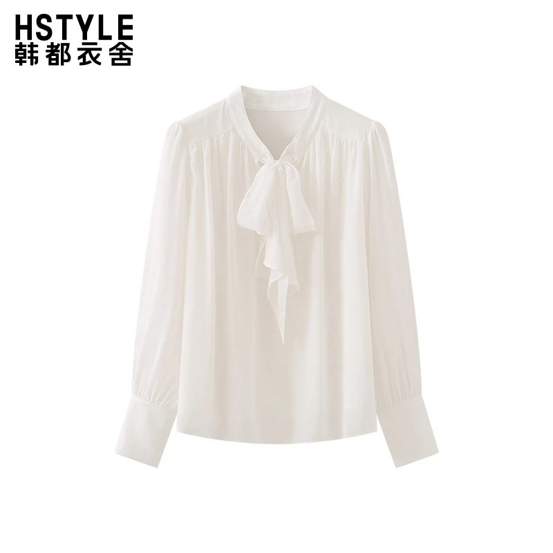 韩都衣舍法式V领褶皱系带长袖衬衣女通勤气质高级感小众白衬衫春