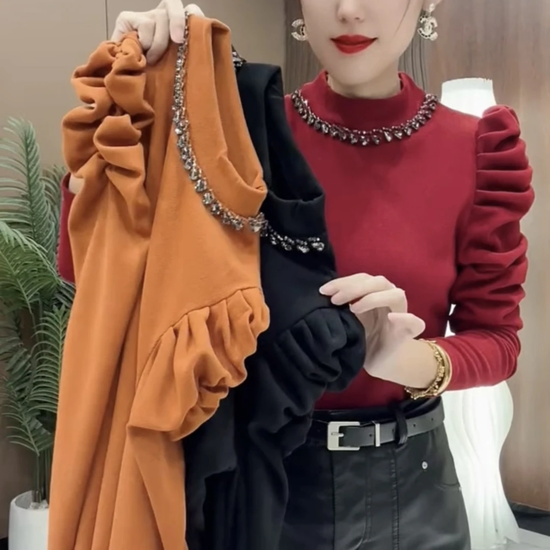 褶皱泡泡袖长袖T恤秋冬修身显瘦洋气百搭打底上衣女