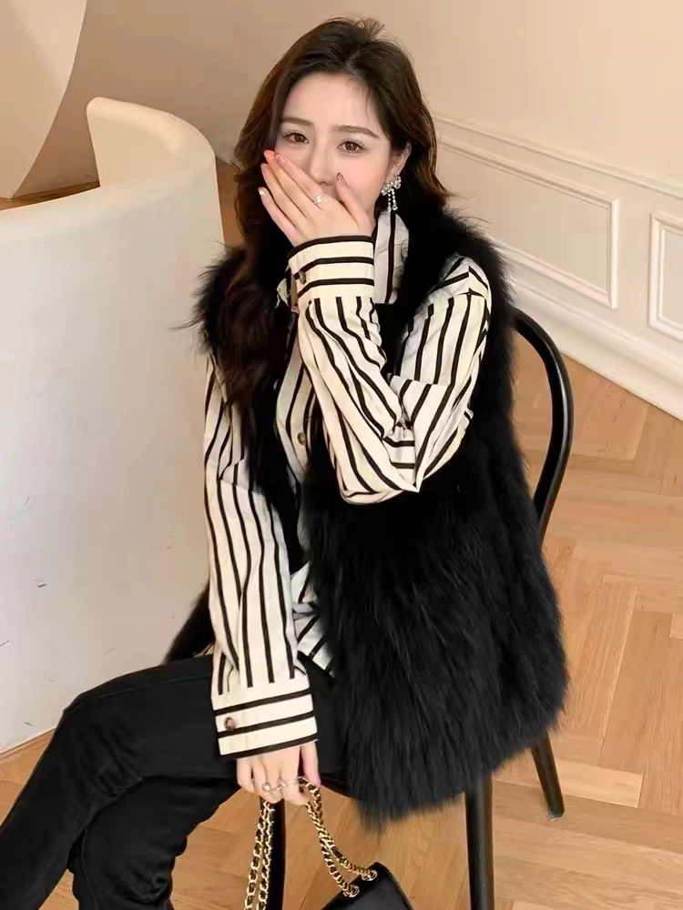 【麒美】新款貉子毛春秋车条女装网红时尚气质马夹皮草外套女