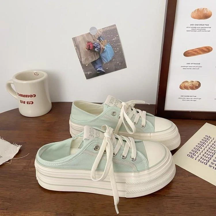 明星同款绿色鞋子高颜两穿半拖帆布鞋女夏季新款小众一脚蹬厚底
