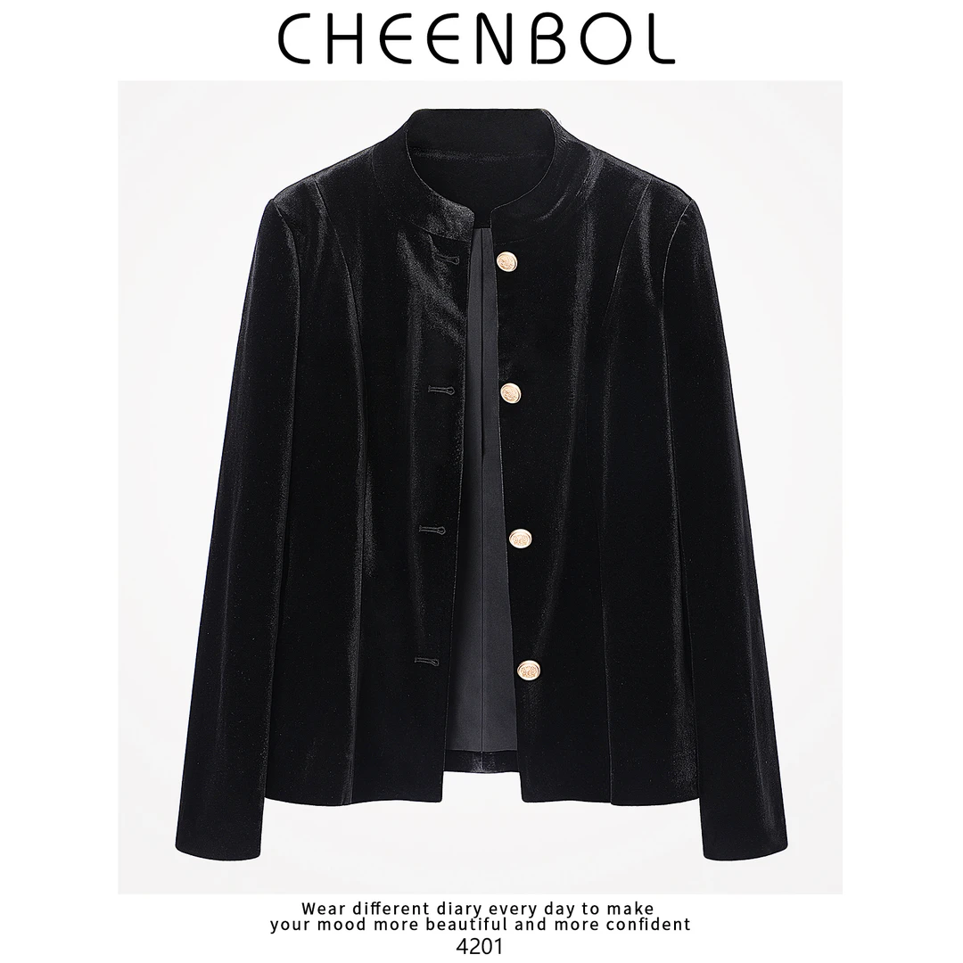 4201黑色丝绒外套女秋冬复古法式气质高端圆领中长款上衣