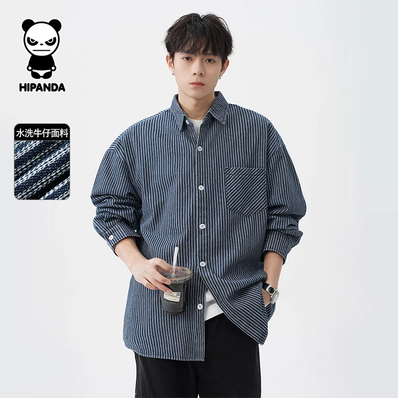HiPanda男春季长袖日系男士休闲牛仔衬衫春秋潮流复古条纹男士