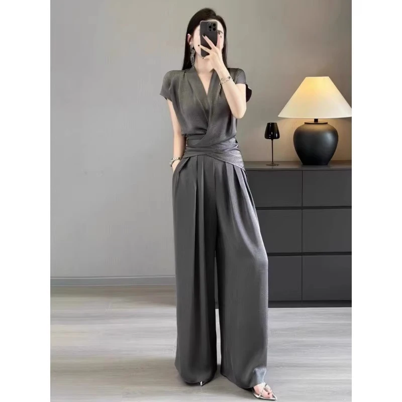 极简风时尚套装小众显瘦垂感阔腿裤短袖休闲西装0807