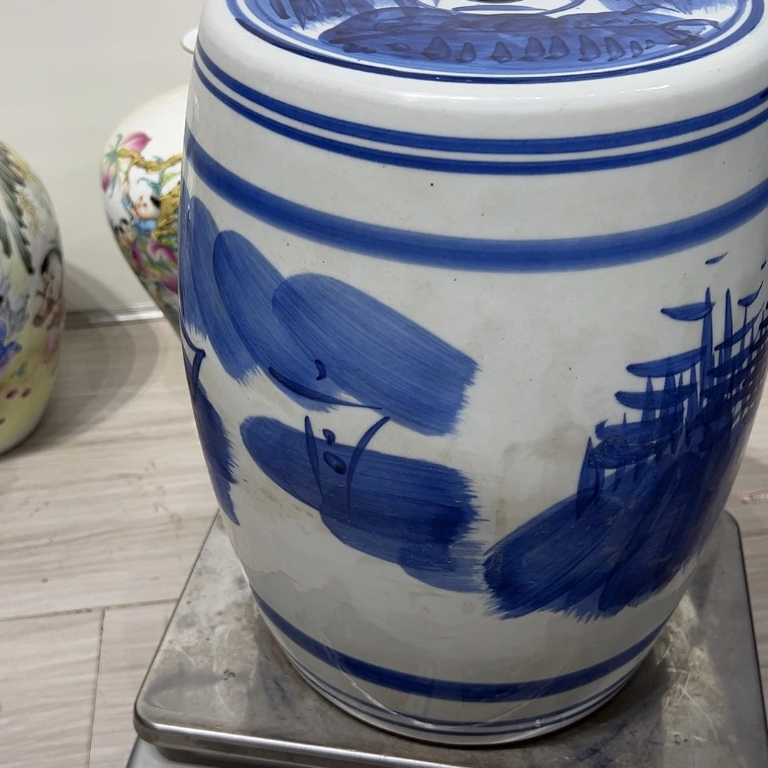 陶摆件37cm凳子青花