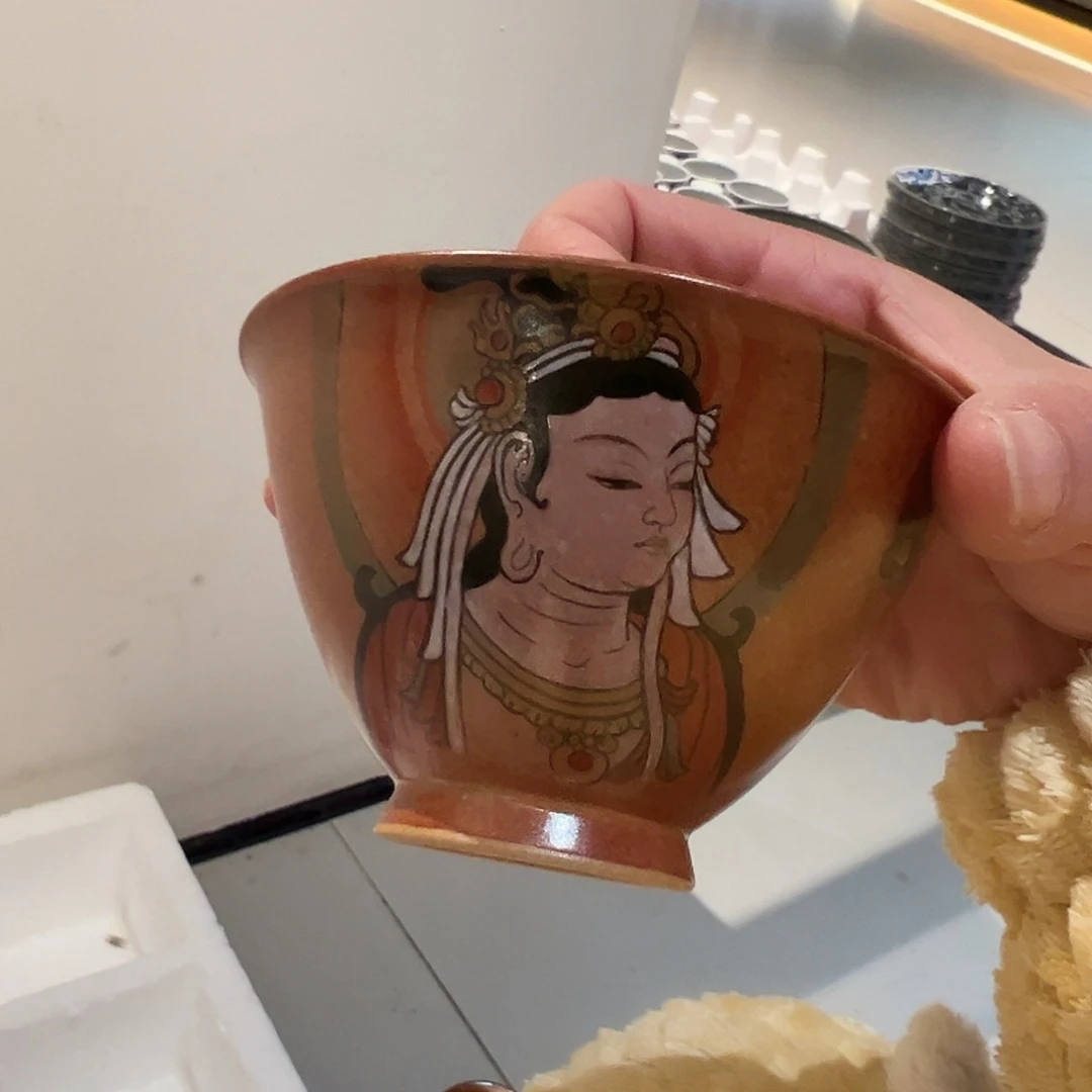 点粒线志野烧加彩盖碗