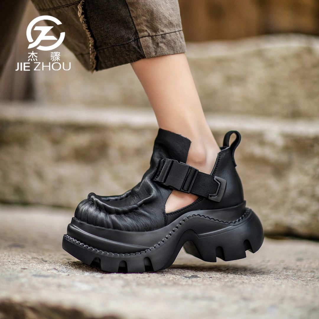 杰骤春秋牛皮女单鞋松糕厚底真皮丑萌女鞋高级感复古大头皮鞋