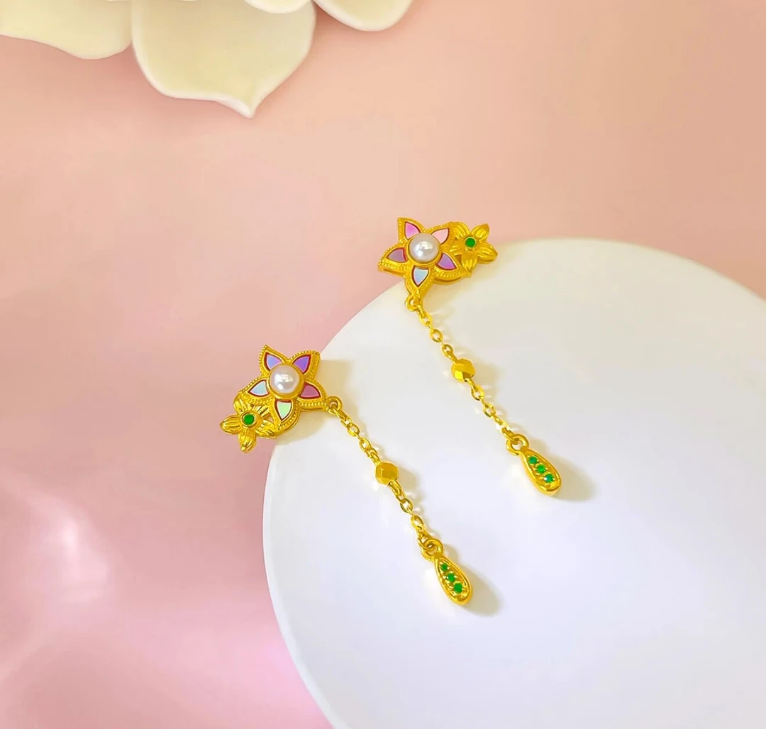 【赛菲尔新品】足金螺钿小清新花朵黄金套链耳坠足金器