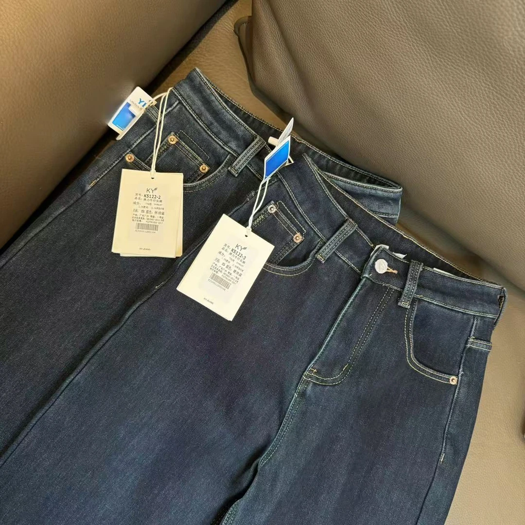 喜樂2024窄版直筒牛仔裤冬季新款时尚百搭加绒加厚复古女休闲裤女