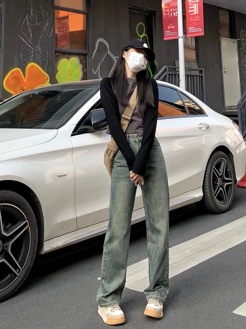 【张】做旧水洗直筒牛仔裤女2025新款高腰复古宽松显瘦休闲裤子女