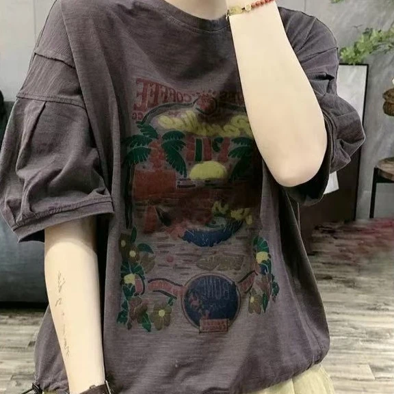 炒色做旧印花圆领套头T恤女文艺时尚休闲宽松百搭上衣潮