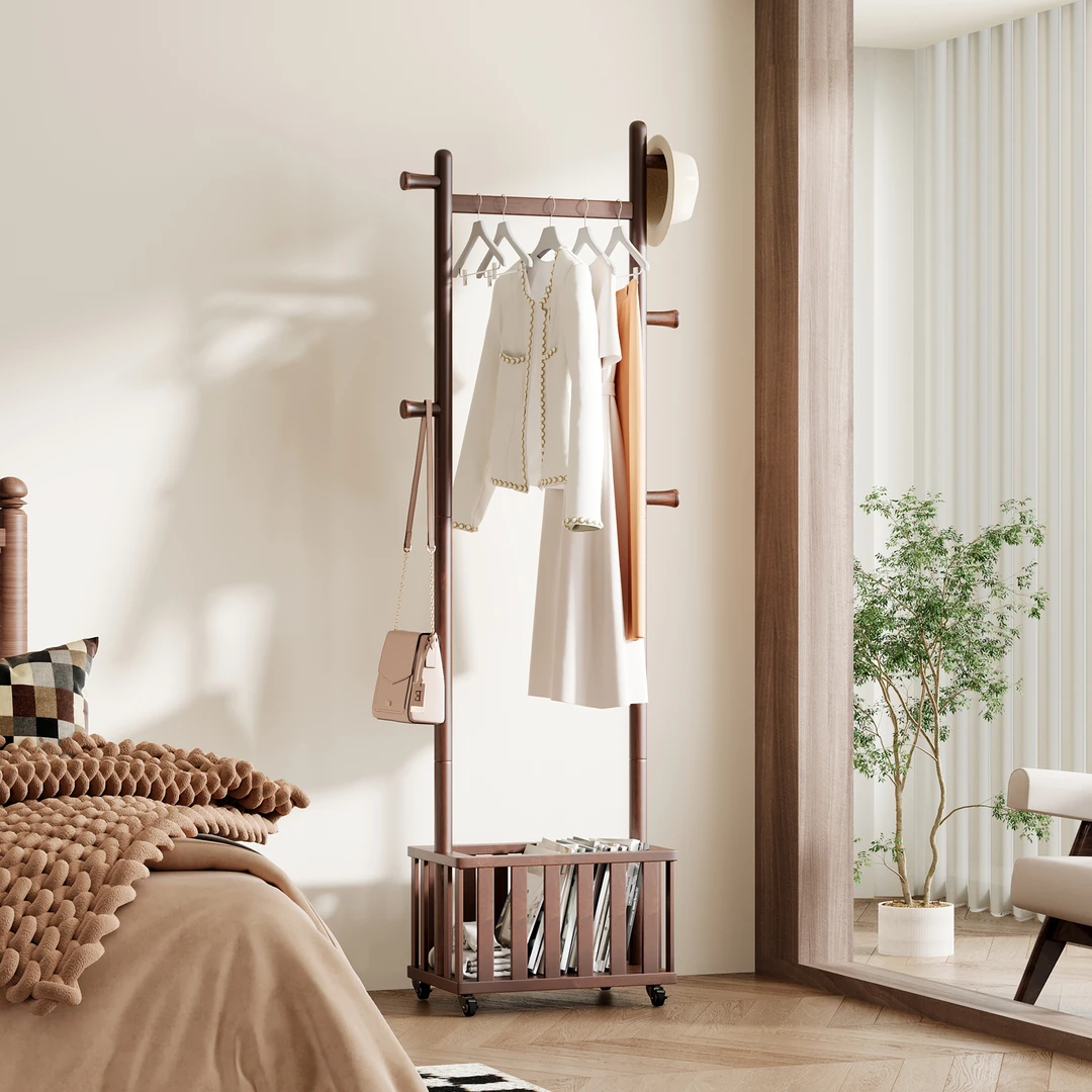 2025移动款秋冬脏衣篓衣帽架卧室衣架子落地式家用实木落地挂衣架
