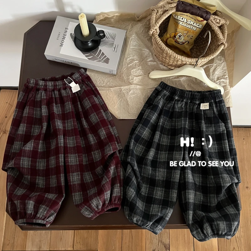 现货【加厚】郝叔童品秋季新款2025男童高货时尚网红格子长裤HI5319