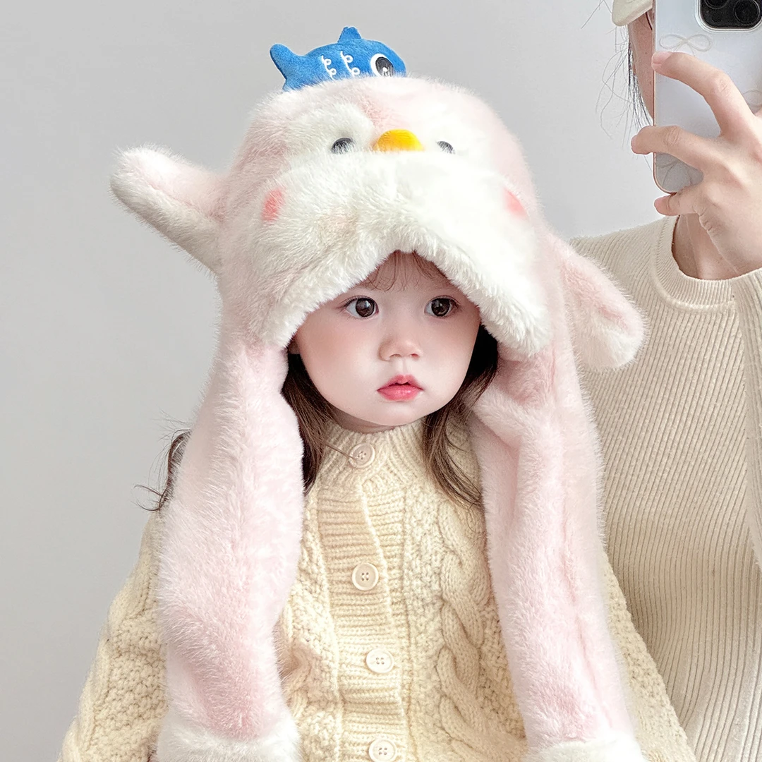 儿童企鹅毛绒帽子围巾一体秋冬保暖护耳帽耳朵会动可爱套头帽MMM