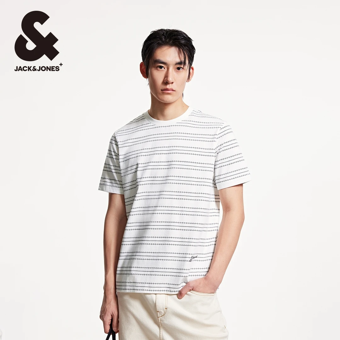 杰克琼斯秋新款男士短袖T恤字母刺绣经典条纹百搭男装欧若智性风