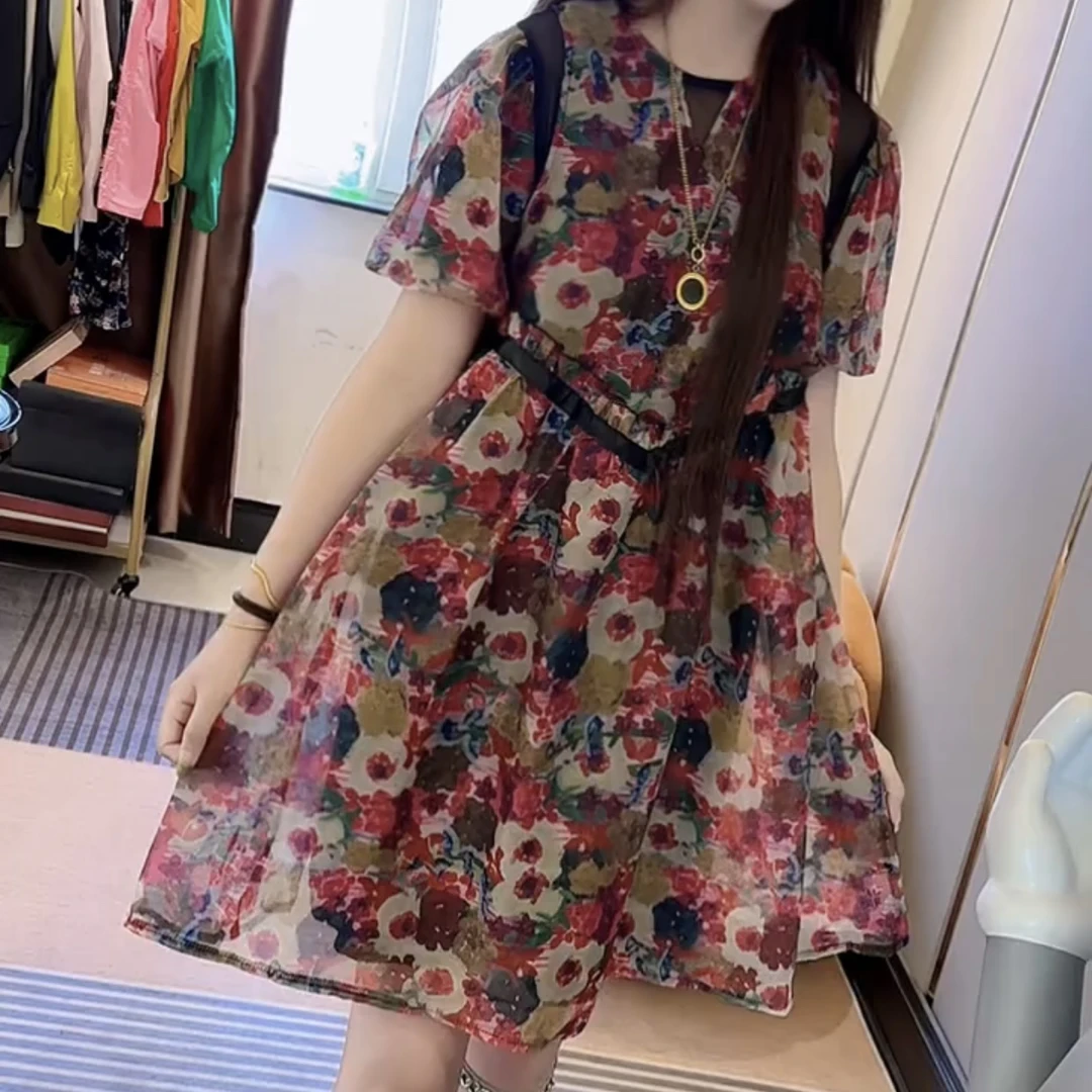 时尚休闲风夏季碎花圆领显瘦长裙气质连衣裙