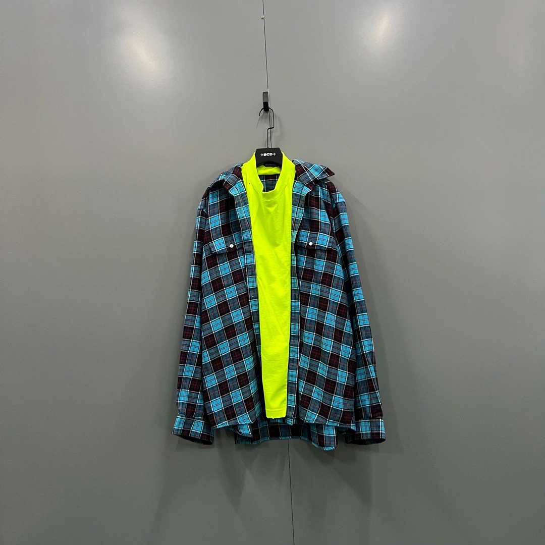 未使用 Balenciaga/巴黎世家 c75 格纹拼接衬衫3码 015285