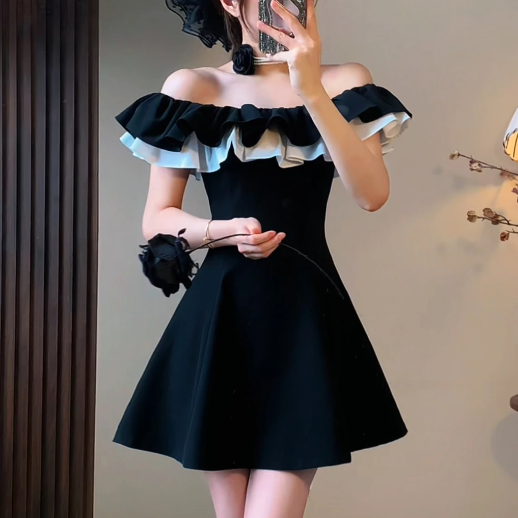 一字肩飞飞袖荷叶边拼色性感气质显瘦收腰伞裙连衣裙小黑裙